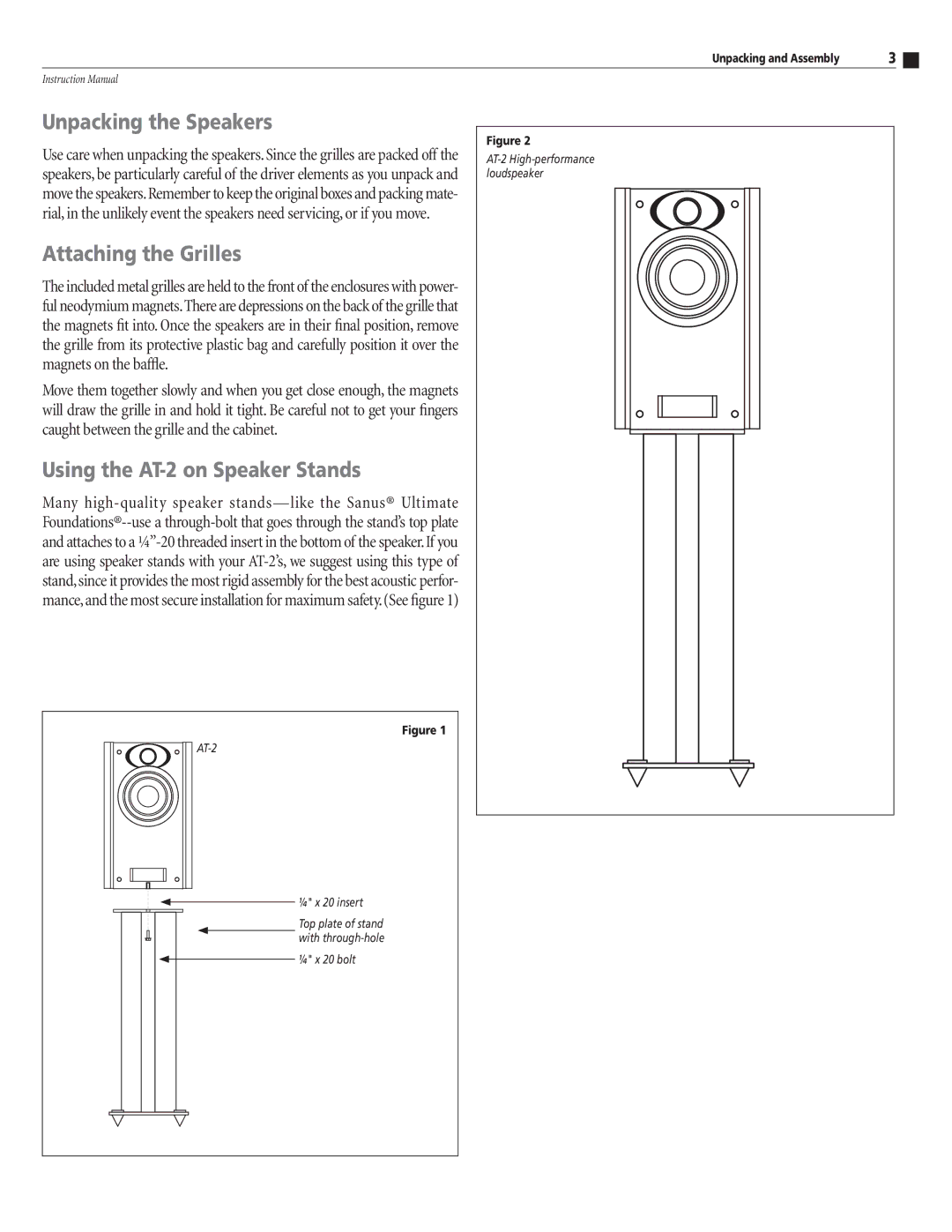 Atlantic Technology instruction manual Unpacking the Speakers, Attaching the Grilles, Using the AT-2 on Speaker Stands 