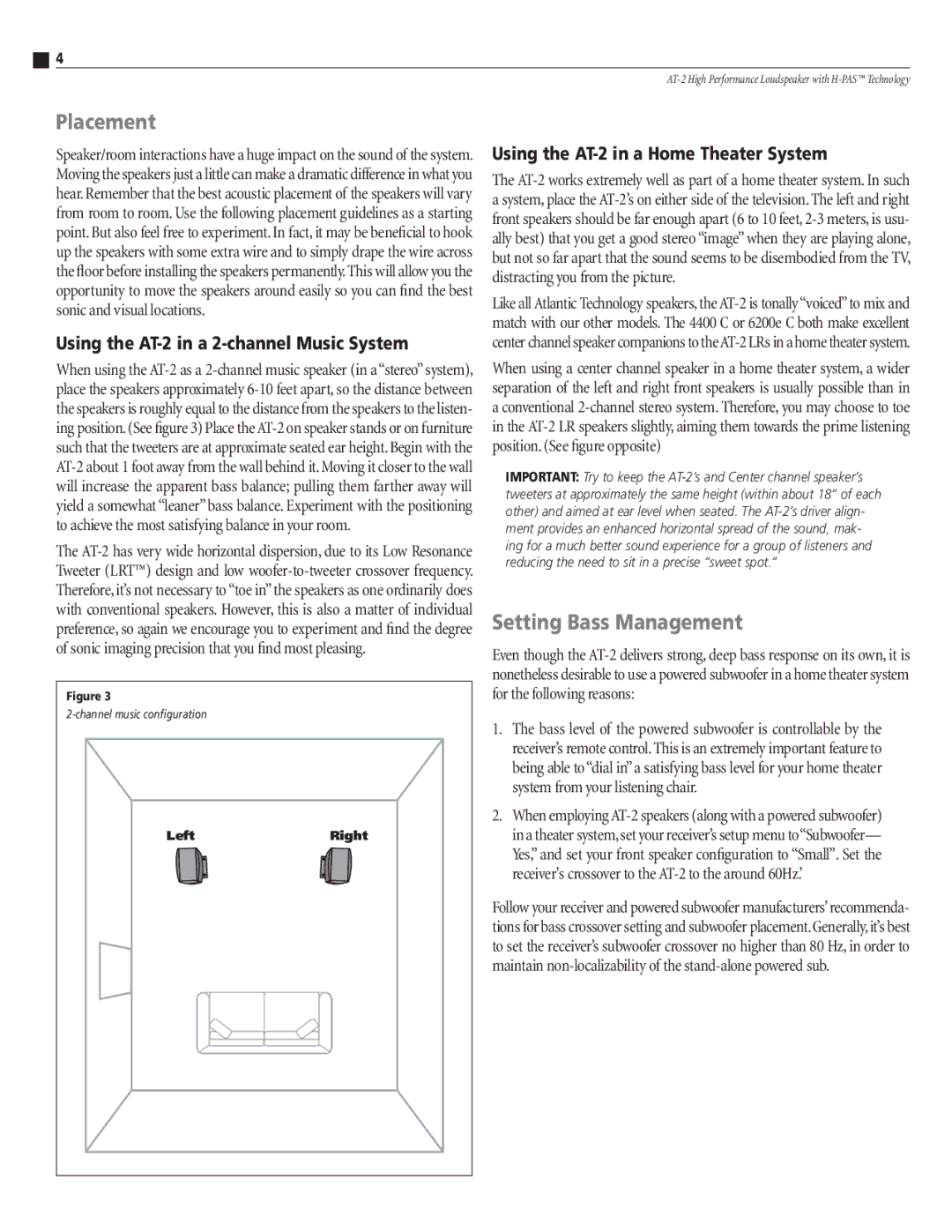 Atlantic Technology AT-2 instruction manual Placement, Setting Bass Management 