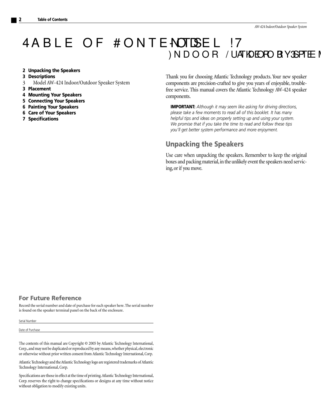 Atlantic Technology AW-424 instruction manual Table of Contents 