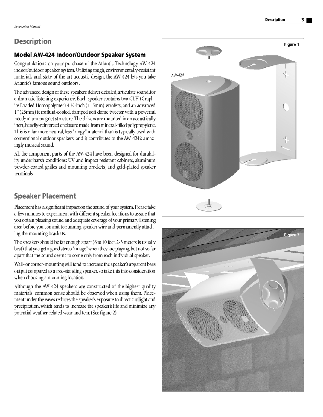 Atlantic Technology AW-424 instruction manual Description, Speaker Placement 