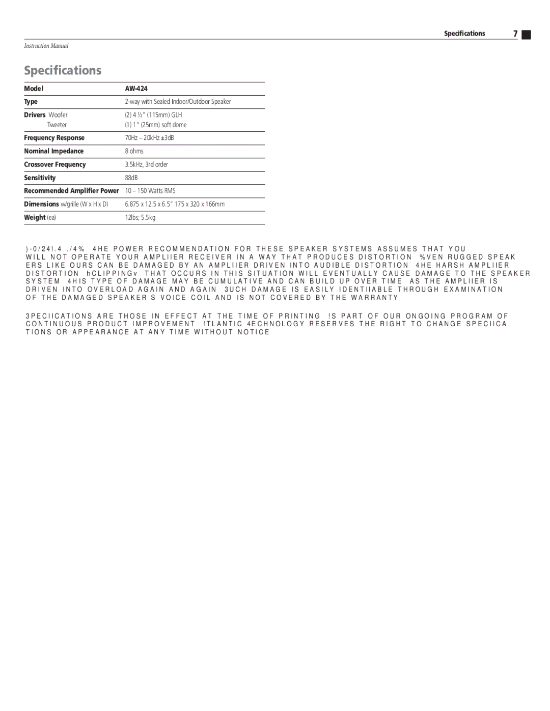 Atlantic Technology AW-424 instruction manual Speciﬁcations, Sensitivity 