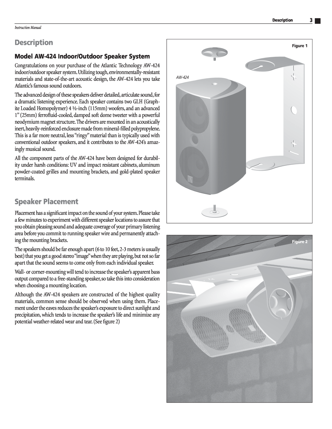 Atlantic Technology instruction manual Description, Speaker Placement, Model AW-424Indoor/Outdoor Speaker System 