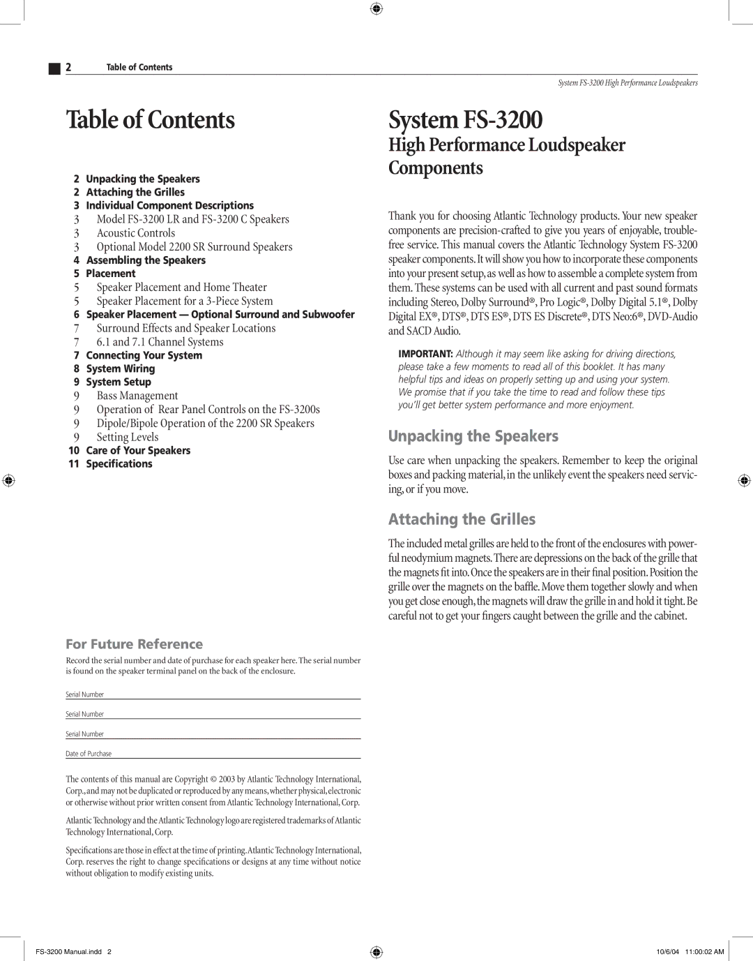 Atlantic Technology FS-3200 instruction manual Table of Contents 