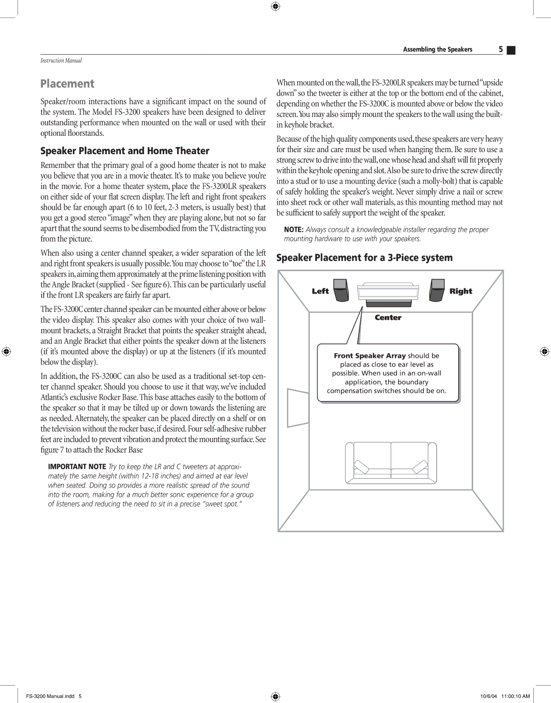 Atlantic Technology FS-3200 Speaker Placement and Home Theater, Speaker Placement for a 3-Piece system 