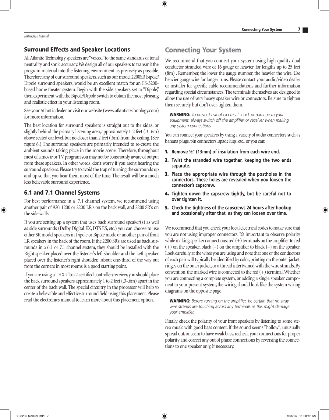 Atlantic Technology FS-3200 Connecting Your System, Surround Effects and Speaker Locations, Channel Systems 