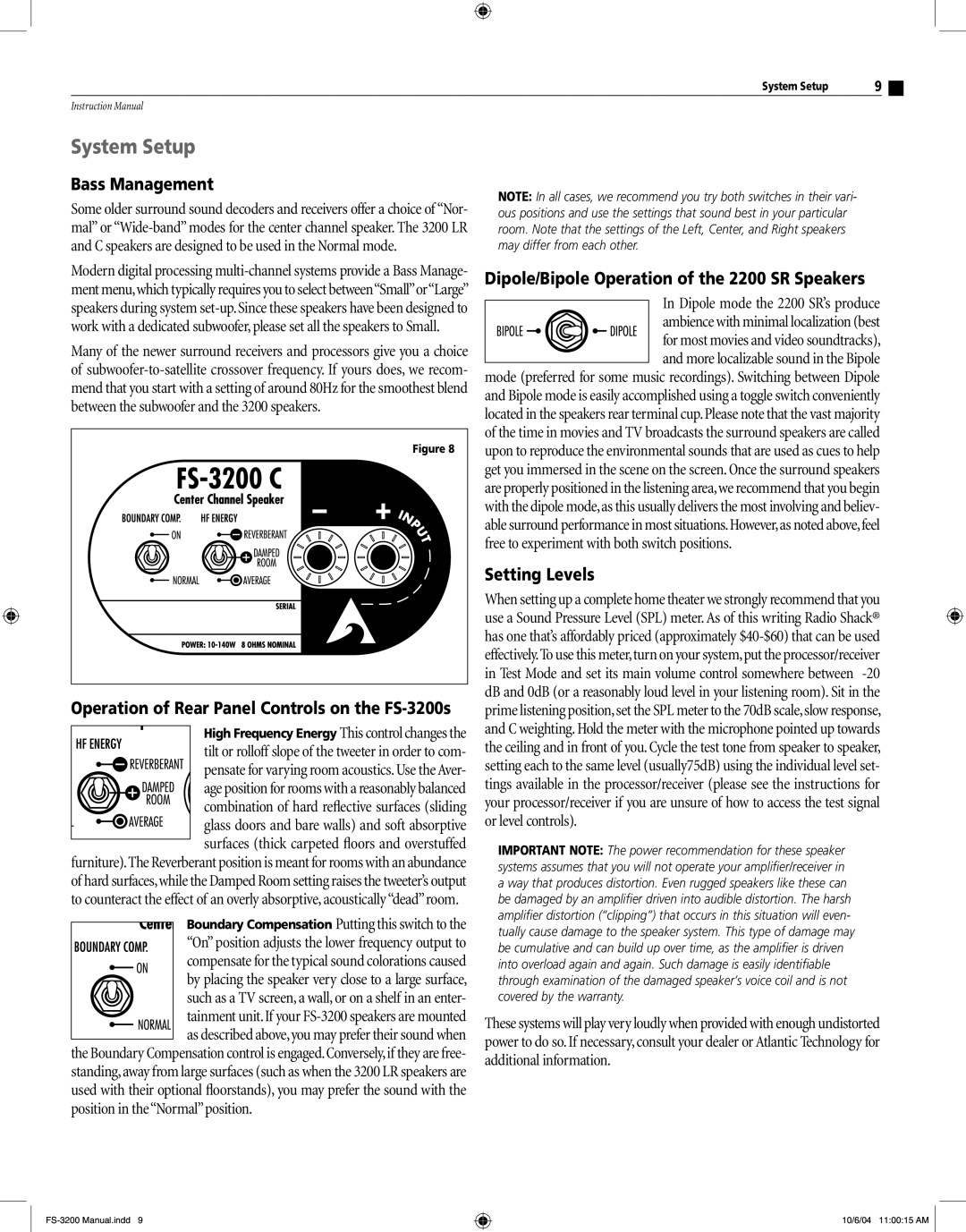 Atlantic Technology FS-3200 System Setup, Bass Management, Dipole/Bipole Operation of the 2200 SR Speakers, Setting Levels 