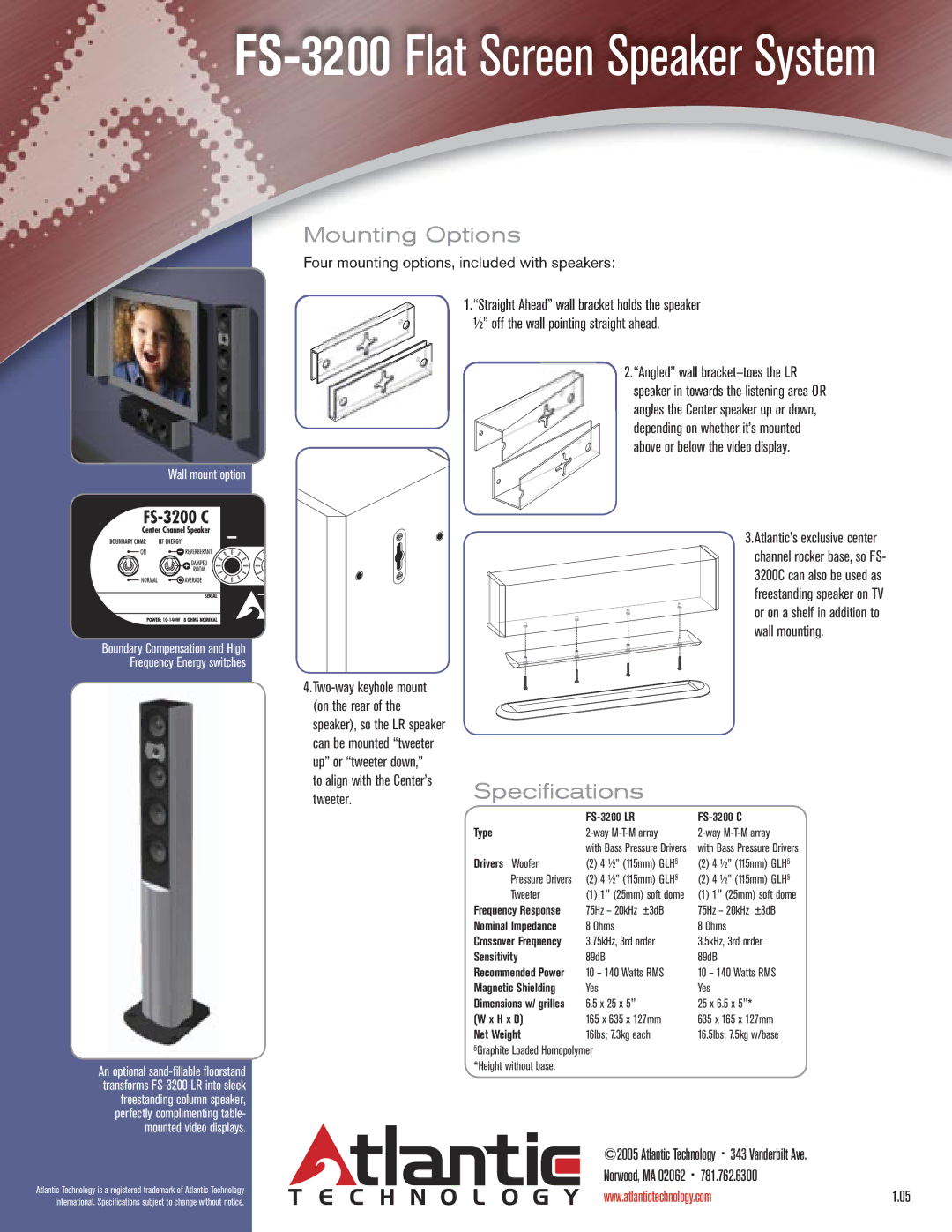 Atlantic Technology FS-3200 manual Mounting Options, Speciﬁ cations, Four mounting options, included with speakers 