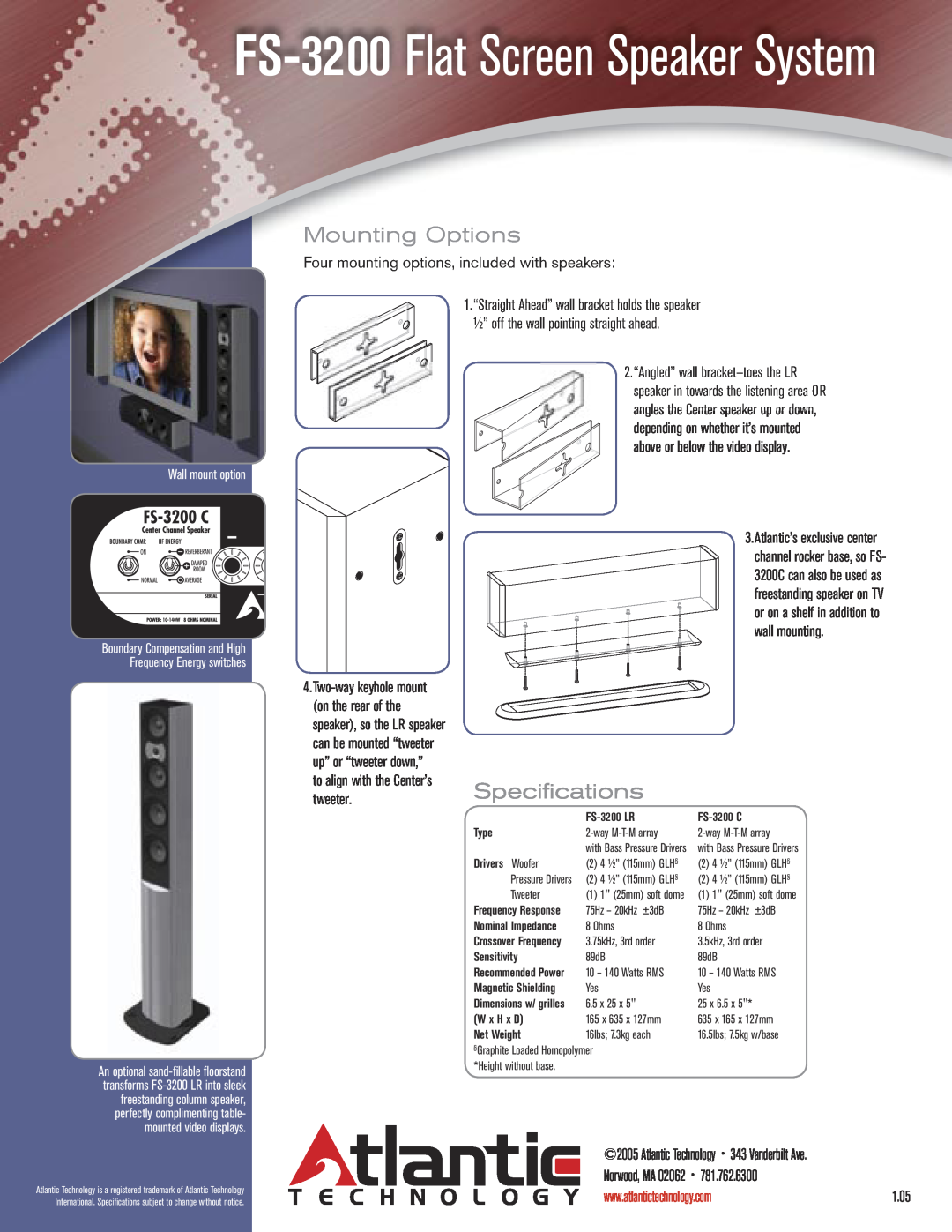 Atlantic Technology FS-3200 Flat Screen Speaker System, Mounting Options, Speciﬁ cations, Frequency Energy switches 