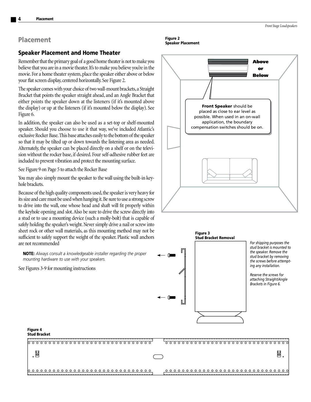 Atlantic Technology FS-4000, FS-5000 instruction manual Speaker Placement and Home Theater, Stud Bracket Removal 