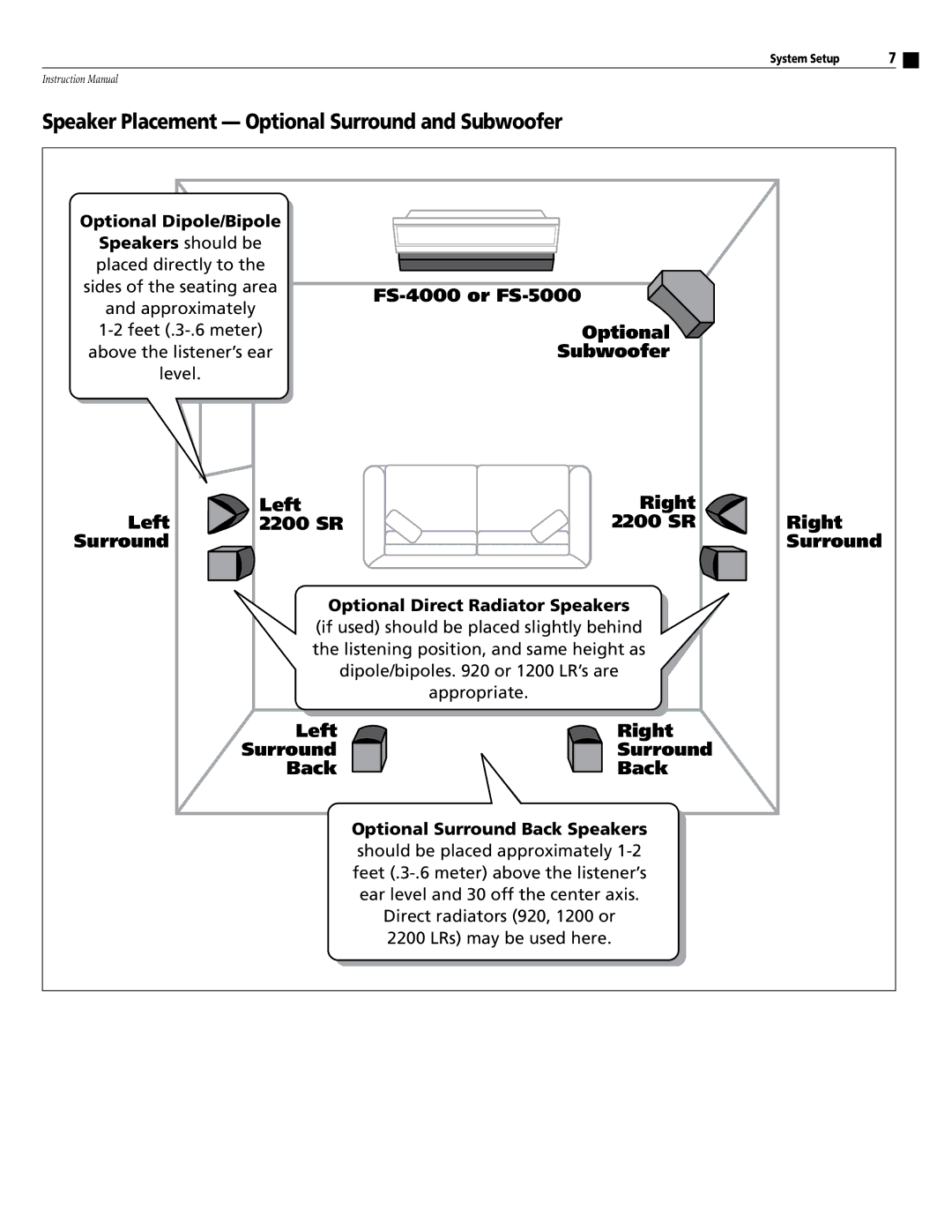 Atlantic Technology FS-5000, FS-4000 instruction manual Speaker Placement Optional Surround and Subwoofer,  