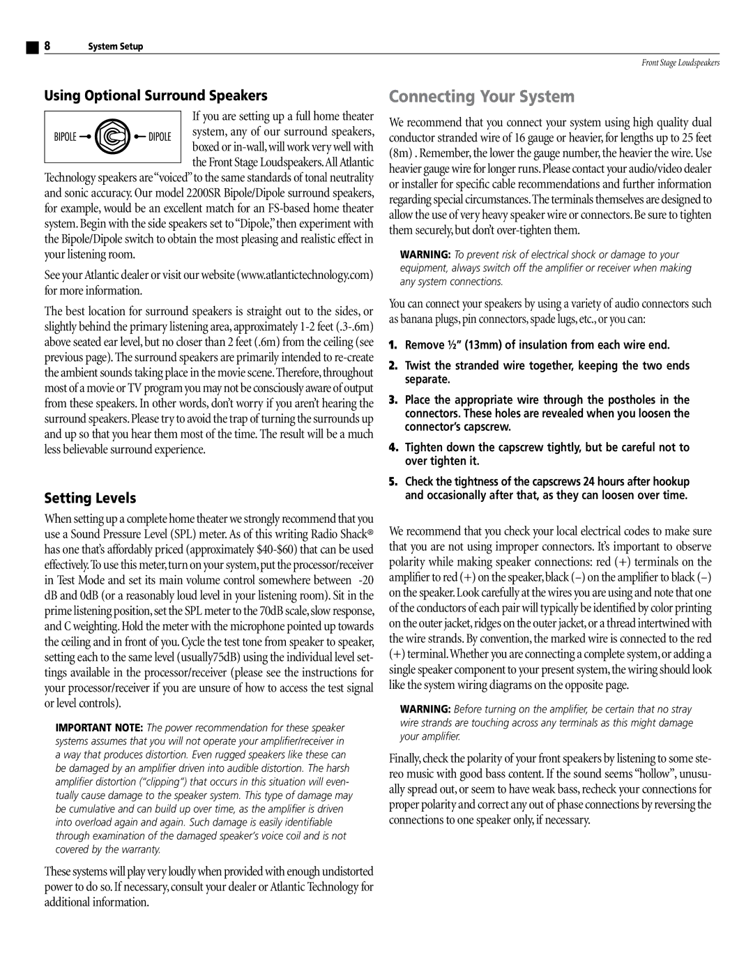 Atlantic Technology FS-4000, FS-5000 Connecting Your System, Using Optional Surround Speakers, Setting Levels 