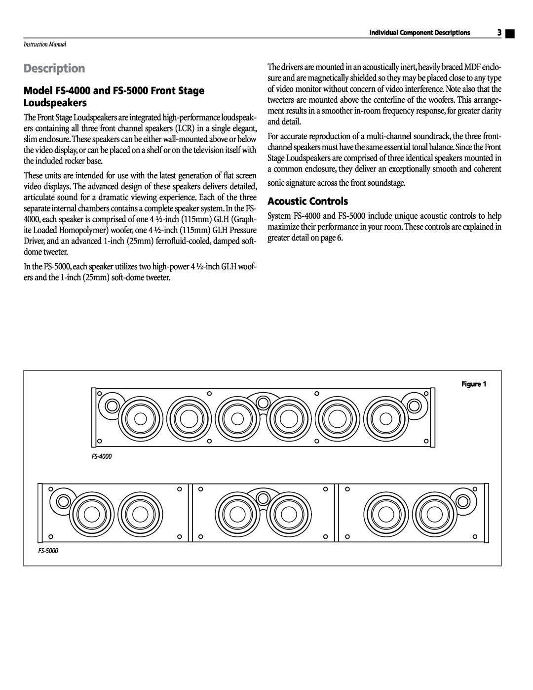 Atlantic Technology instruction manual Description, Model FS-4000and FS-5000Front Stage Loudspeakers, Acoustic Controls 