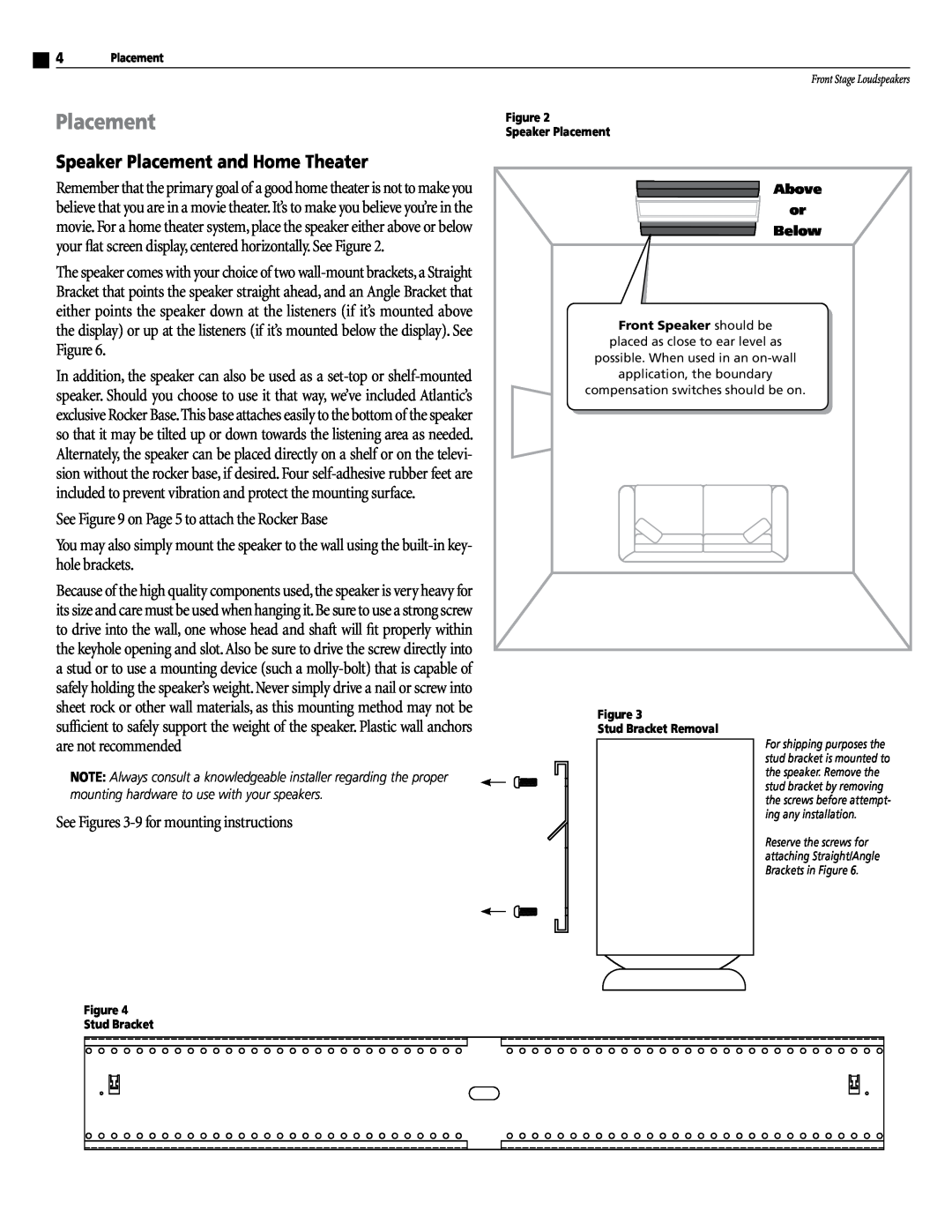 Atlantic Technology FS-4000 Speaker Placement and Home Theater, See on Page 5 to attach the Rocker Base, Bove, Elow 