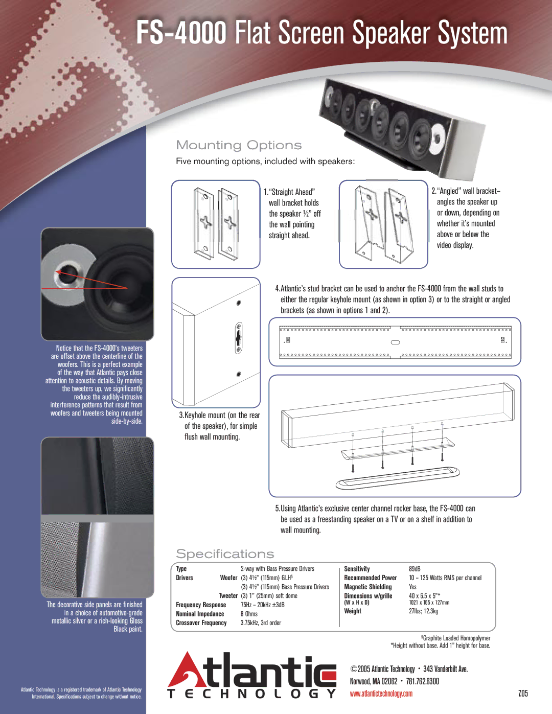 Atlantic Technology FS-4000 manual Mounting Options, Speciﬁ cations, Five mounting options, included with speakers 