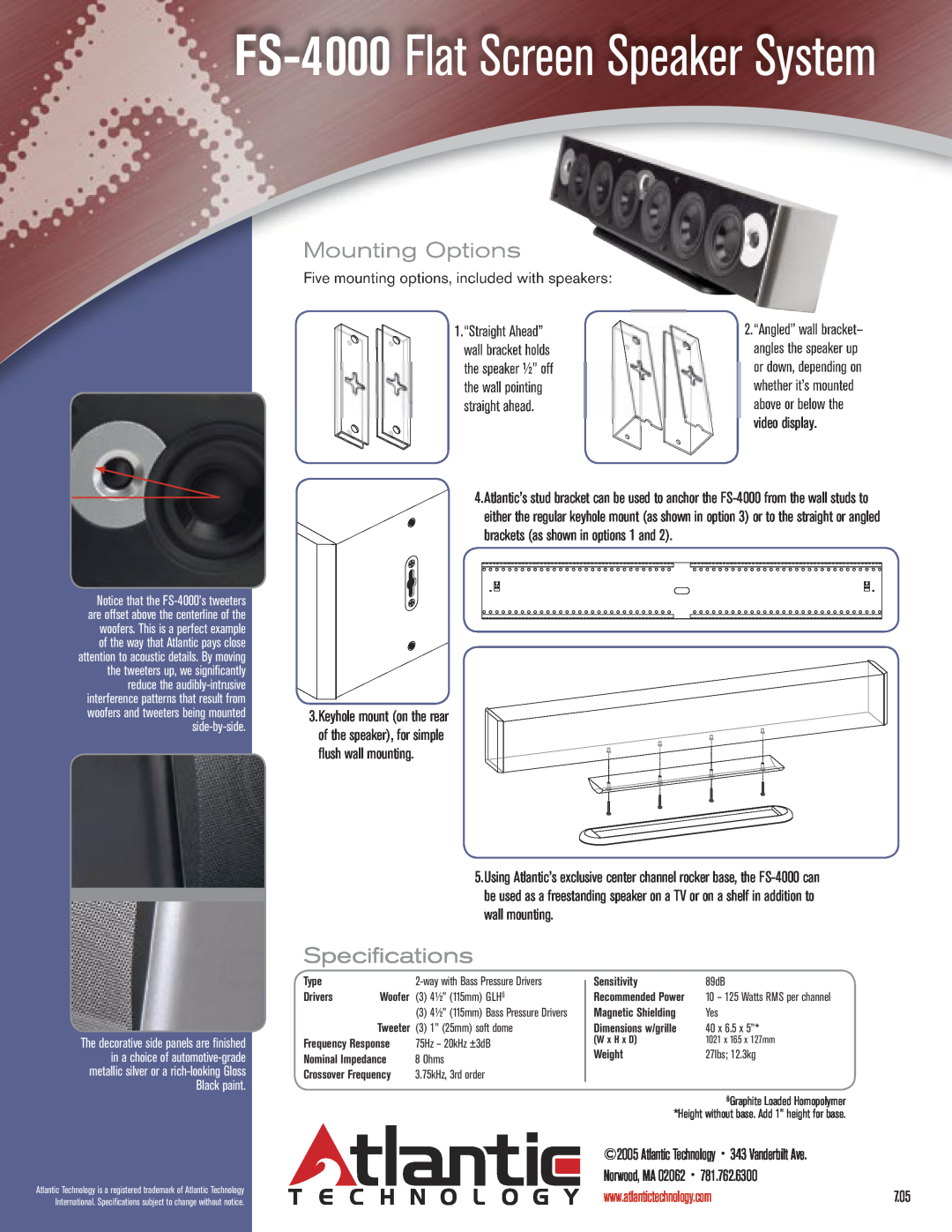 Atlantic Technology FS-4000 Flat Screen Speaker System, Mounting Options, Speciﬁ cations, Type, Drivers, Sensitivity 