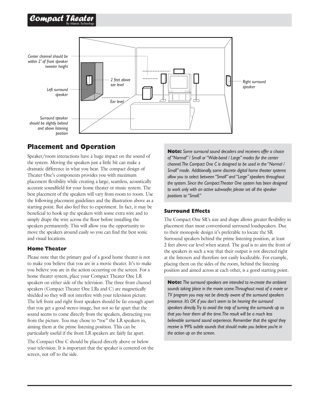 Atlantic Technology High Performance Compact owner manual Placement and Operation, Home Theater, Surround Effects 