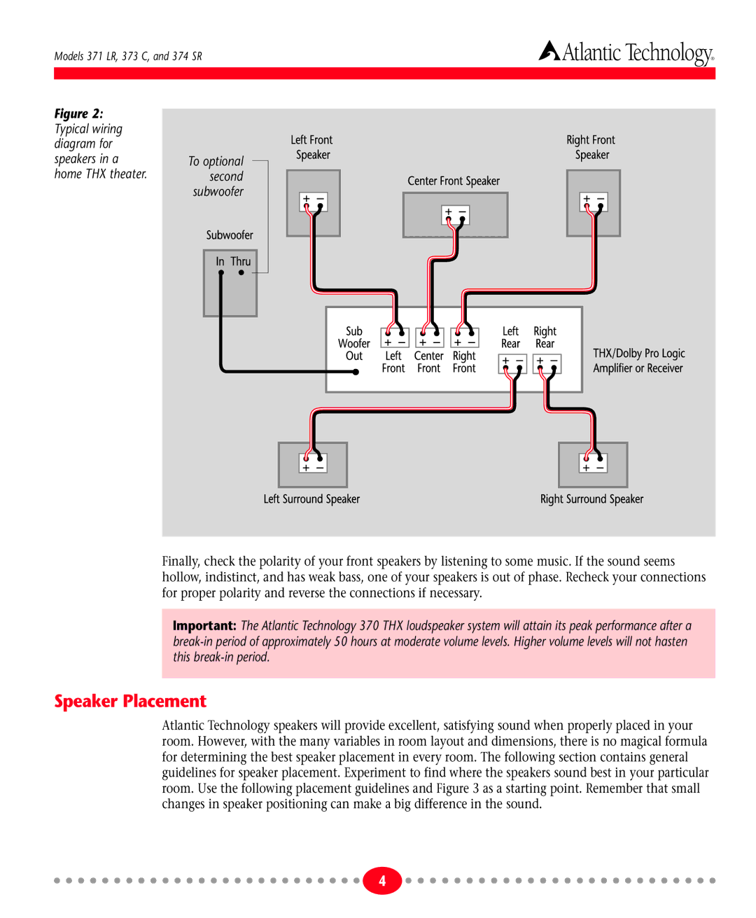 Atlantic Technology 373 C, Home Theater System, 201, 371 LR, 374 SR instruction manual Speaker Placement, Second 