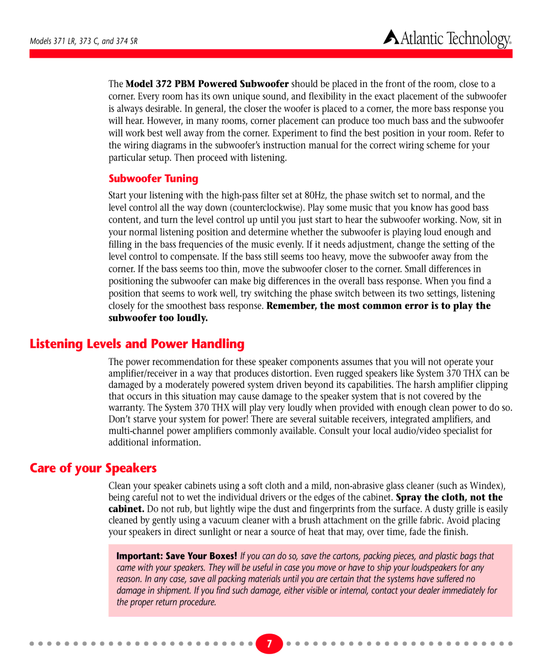 Atlantic Technology 371 LR, 201, 374 SR, 373 C Listening Levels and Power Handling, Care of your Speakers, Subwoofer Tuning 