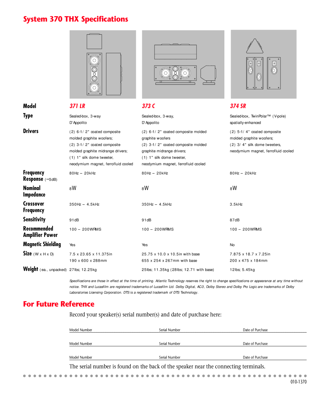 Atlantic Technology 374 SR, Home Theater System, 201, 371 LR, 373 C System 370 THX Specifications, For Future Reference 