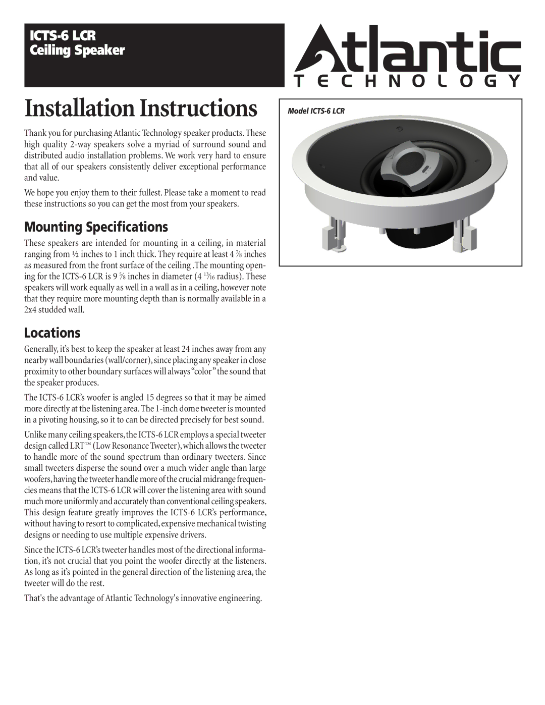 Atlantic Technology ICTS-6 LCR installation instructions Installation Instructions, Mounting Speciﬁcations, Locations 