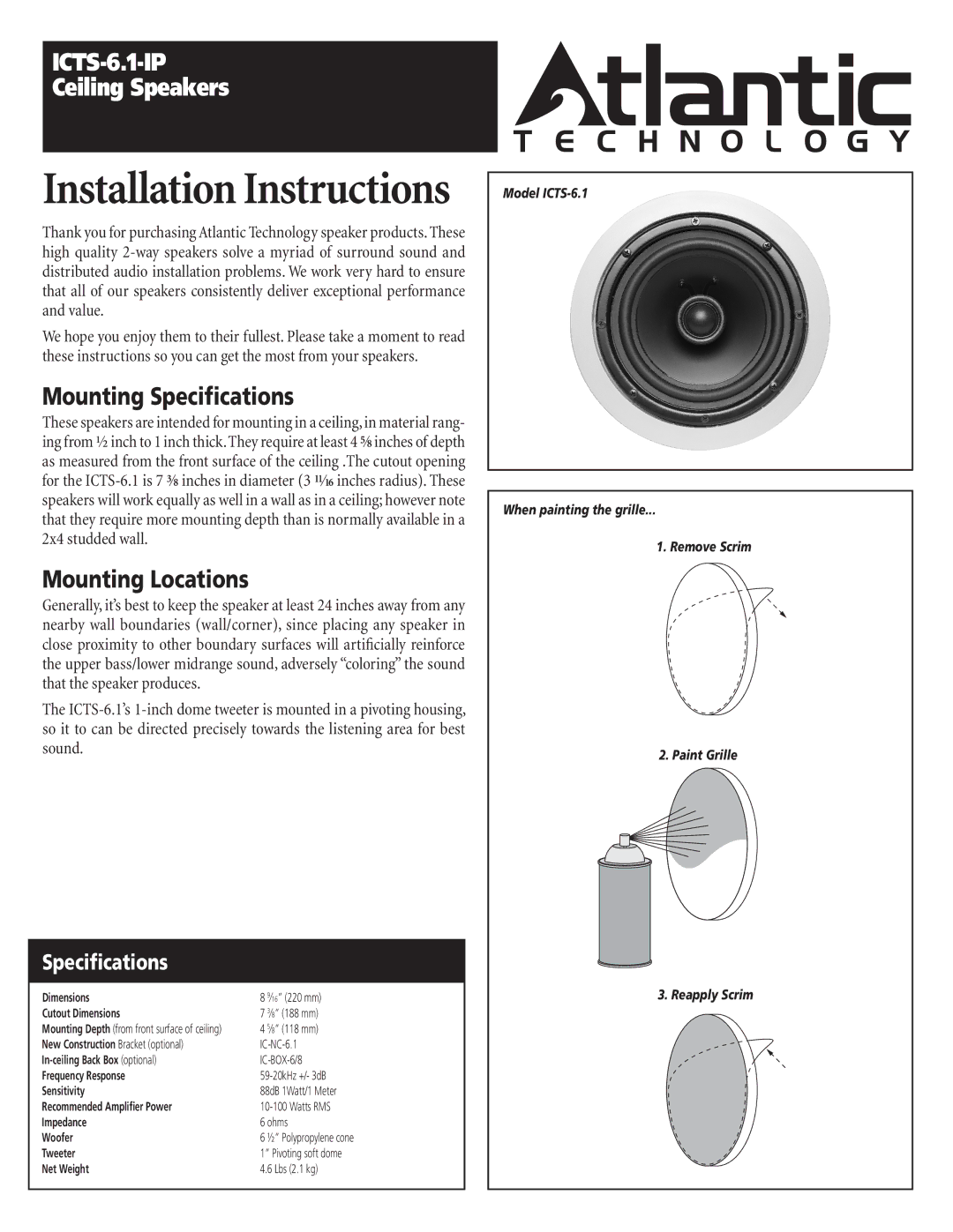 Atlantic Technology ICTS-6.1 installation instructions Installation Instructions, Mounting Specifications 