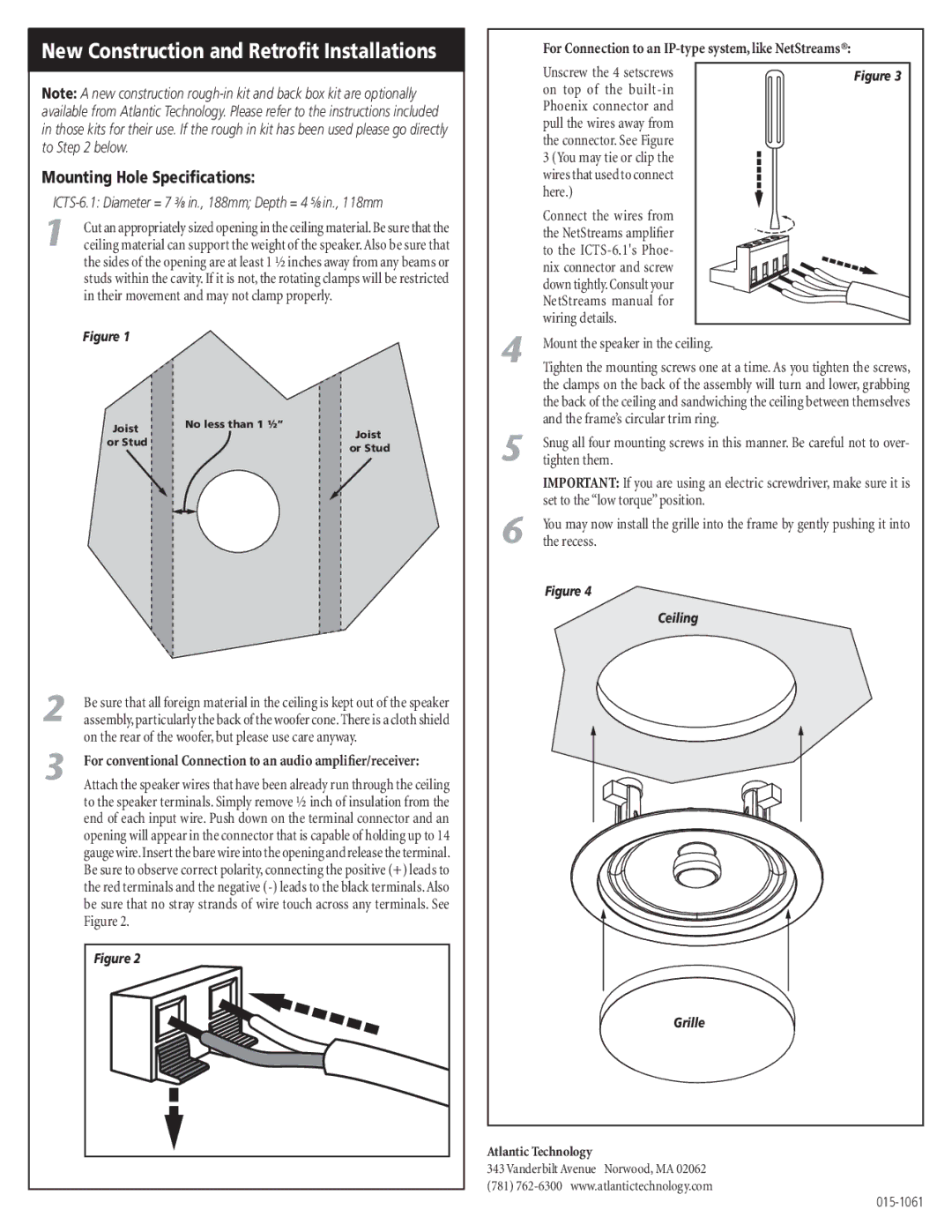 Atlantic Technology ICTS-6.1 New Construction and Retrofit Installations, Mounting Hole Specifications 