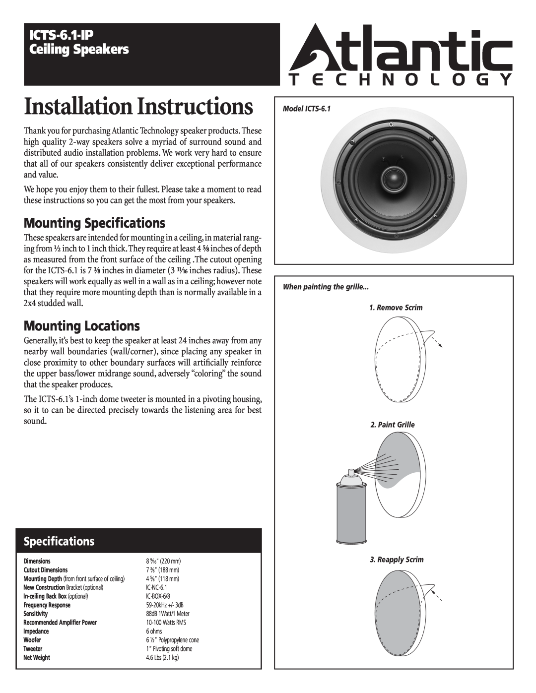 Atlantic Technology installation instructions Installation Instructions, ICTS-6.1-IP Ceiling Speakers, Specifications 