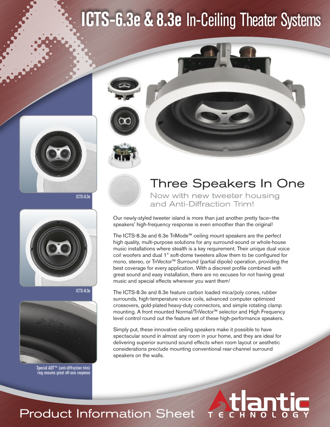 Atlantic Technology ICTS 8.3e, ICTS 6.3e manual ICTS-6.3e & 8.3e In-Ceiling Theater Systems, Three Speakers In One 