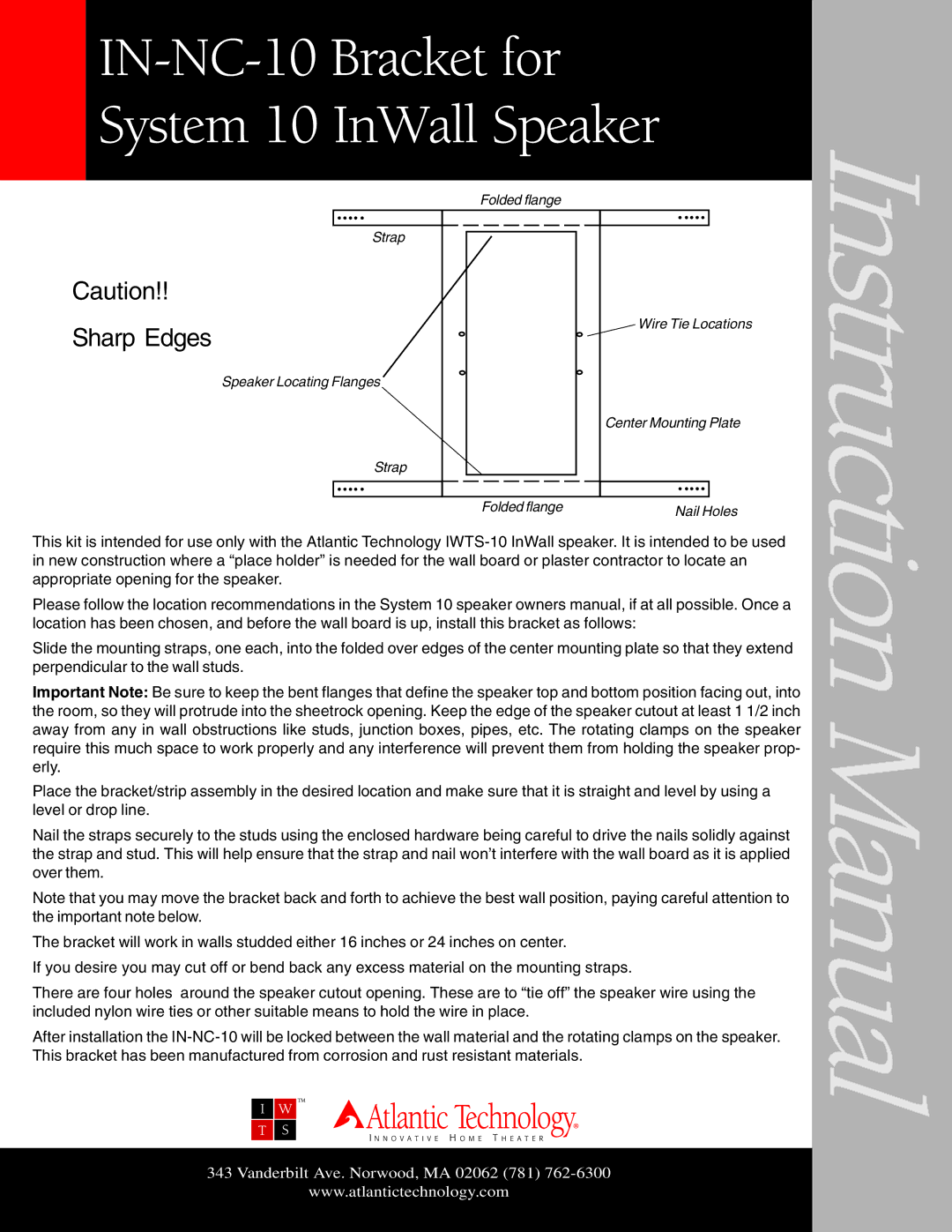 Atlantic Technology instruction manual IN-NC-10 Bracket for System 10 InWall Speaker, Sharp Edges 