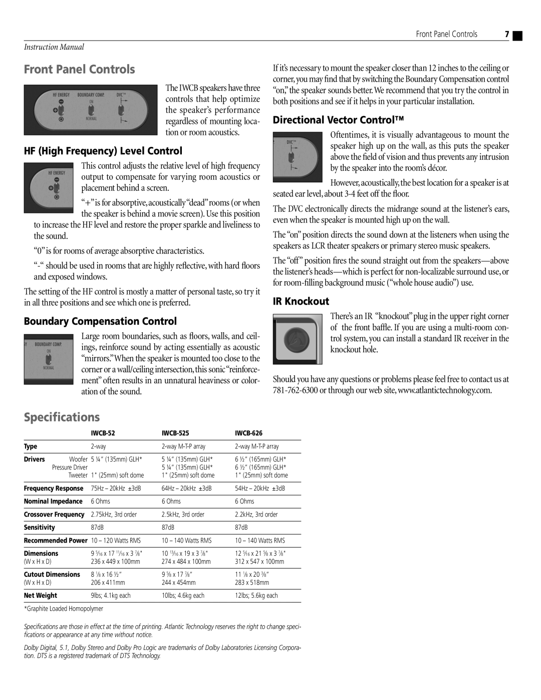 Atlantic Technology IWCB-525, IWCB-626 instruction manual Front Panel Controls, Speciﬁcations 