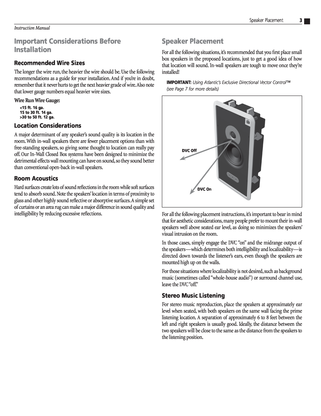 Atlantic Technology IWCB-525 Important Considerations Before Installation, Speaker Placement, Recommended Wire Sizes 