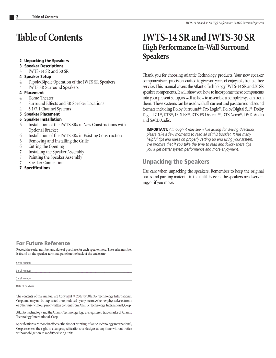 Atlantic Technology IWTS-14 SR, IWTS-30 SR instruction manual Table of Contents 