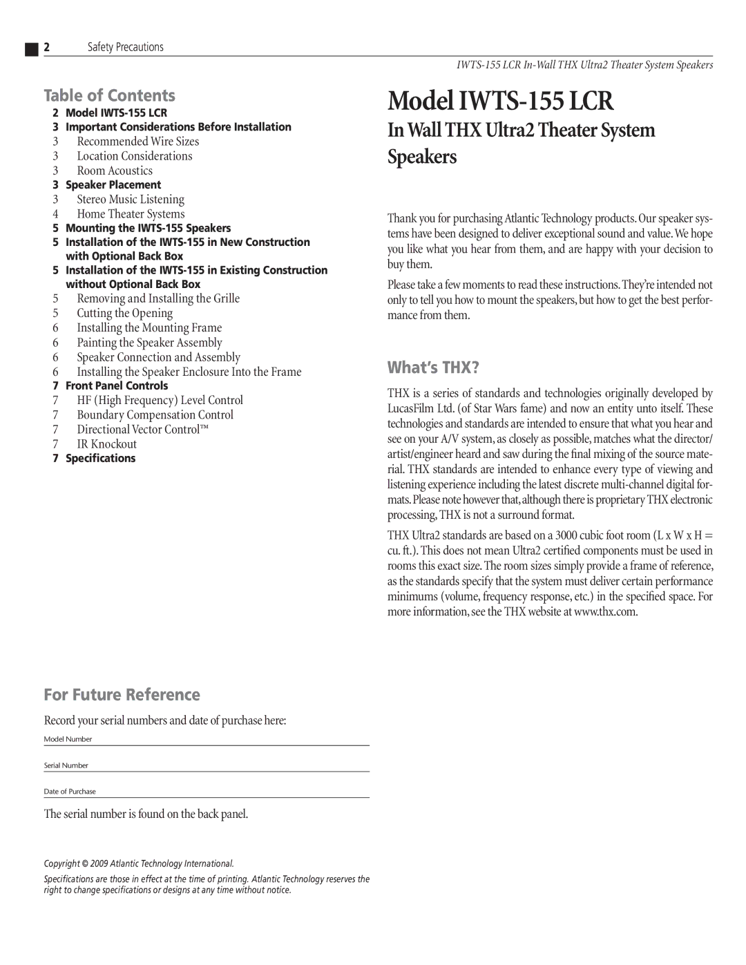 Atlantic Technology IWTS-155 instruction manual Table of Contents, For Future Reference, What’s THX? 