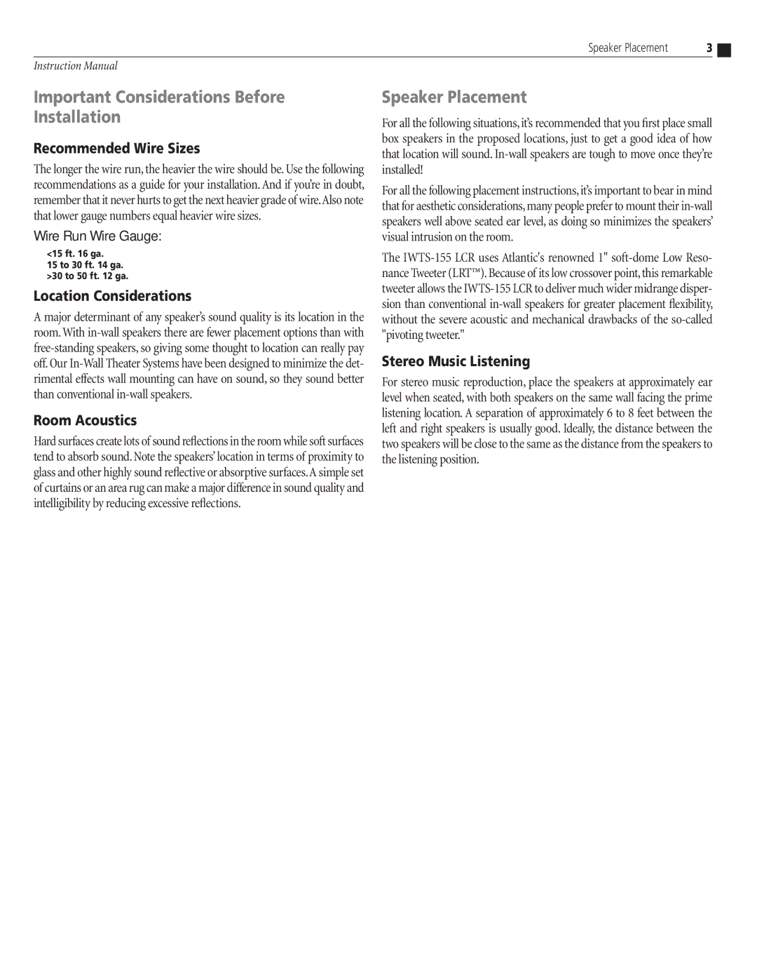 Atlantic Technology IWTS-155 instruction manual Important Considerations Before Installation, Speaker Placement 