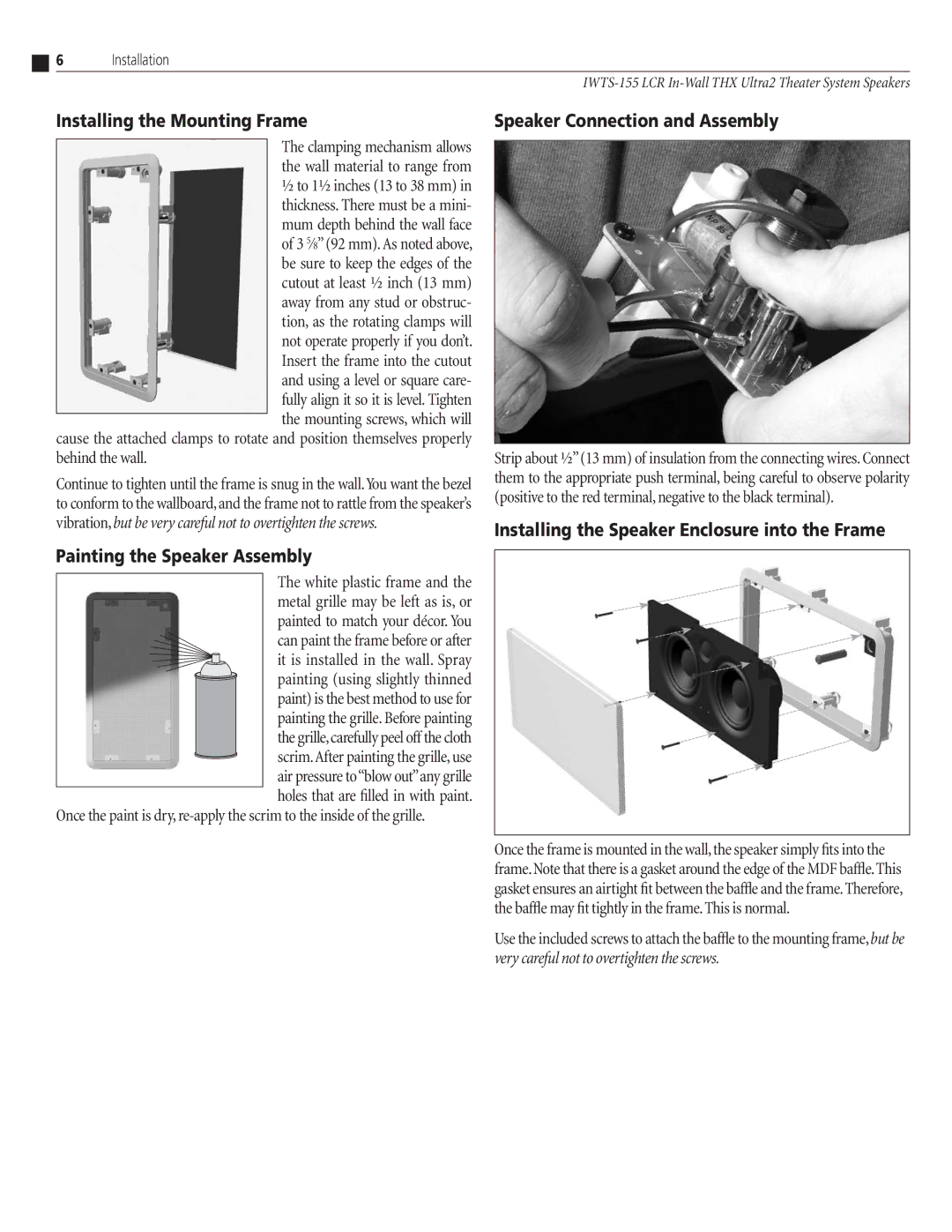 Atlantic Technology IWTS-155 Installing the Mounting Frame, Painting the Speaker Assembly, Speaker Connection and Assembly 