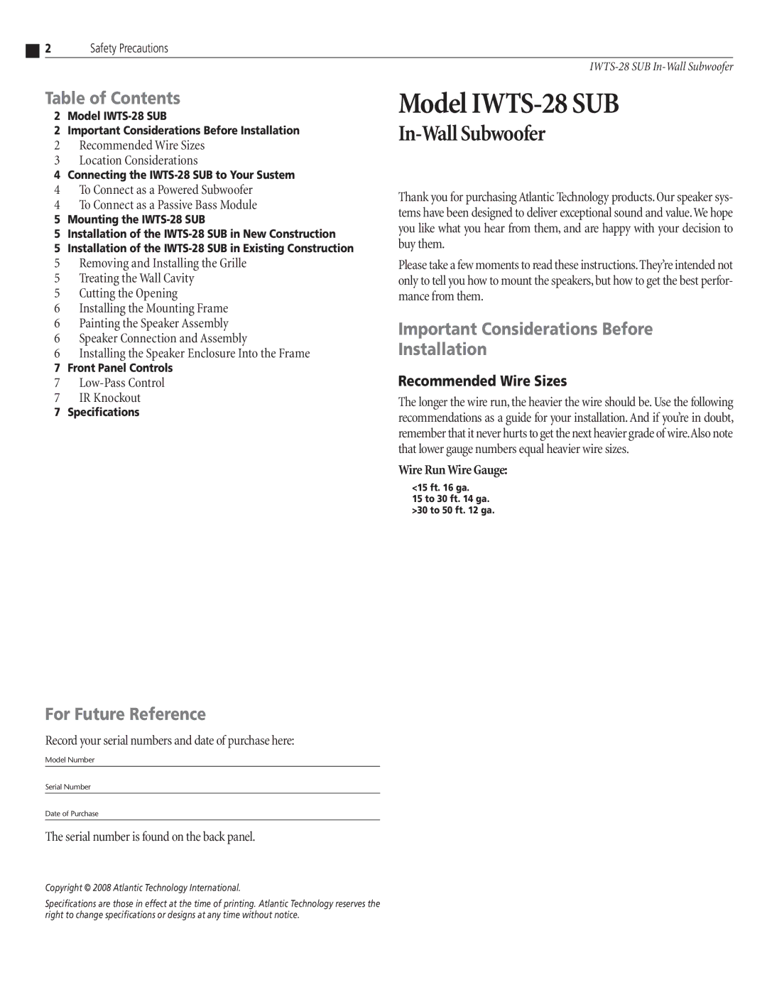 Atlantic Technology IWTS-28 SUB Table of Contents, For Future Reference, Important Considerations Before Installation 