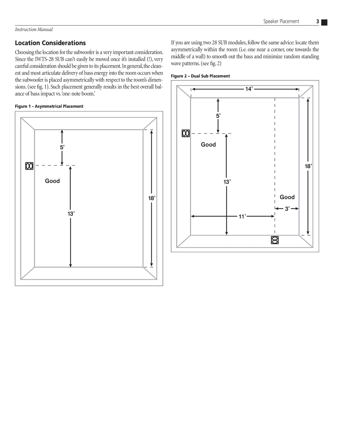 Atlantic Technology IWTS-28 SUB instruction manual Location Considerations, Asymmetrical Placement 