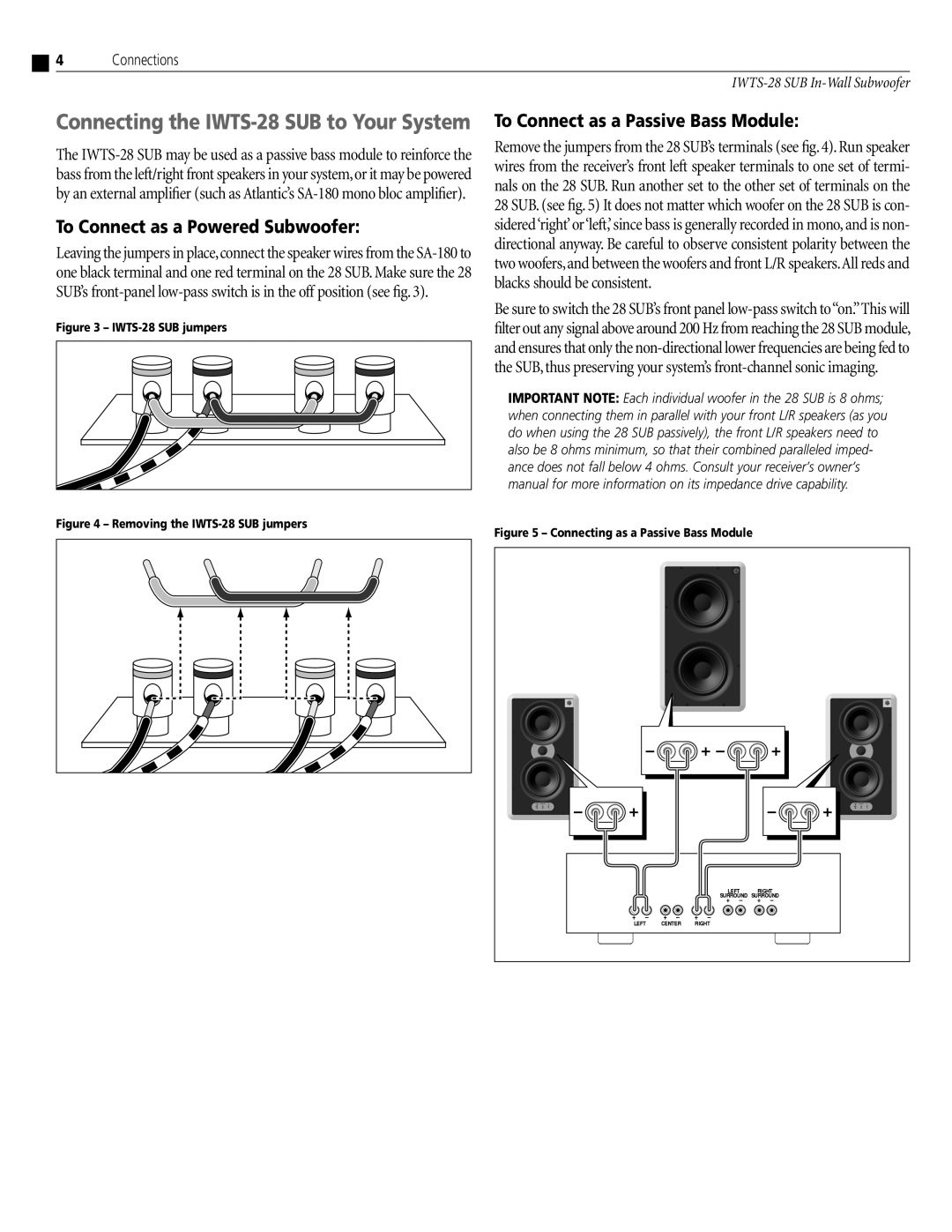 Atlantic Technology IWTS-28 SUB instruction manual To Connect as a Powered Subwoofer, To Connect as a Passive Bass Module 