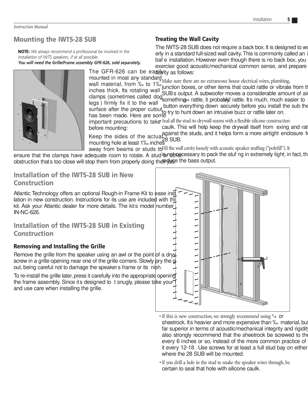 Atlantic Technology instruction manual Mounting the IWTS-28 SUB, Installation of the IWTS-28 SUB in New Construction 