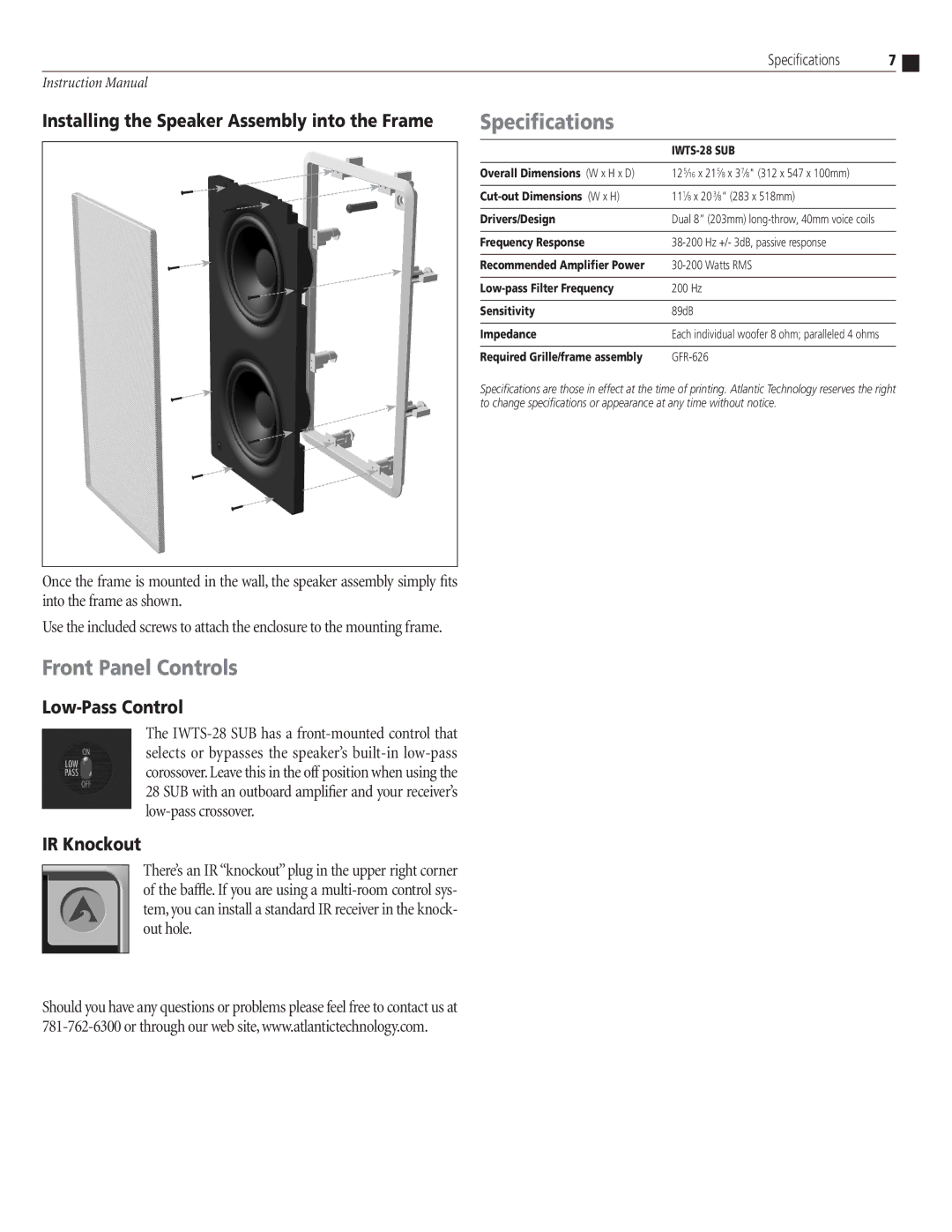 Atlantic Technology IWTS-28 SUB Specifications, Front Panel Controls, Installing the Speaker Assembly into the Frame 