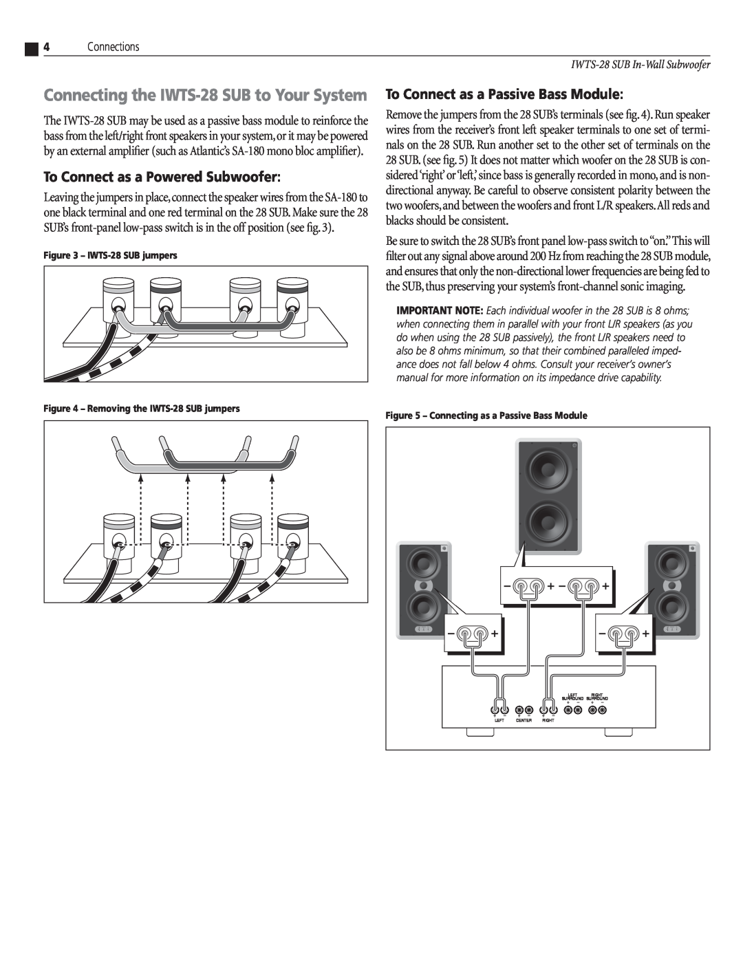 Atlantic Technology IWTS-28 SUB instruction manual To Connect as a Powered Subwoofer, To Connect as a Passive Bass Module 