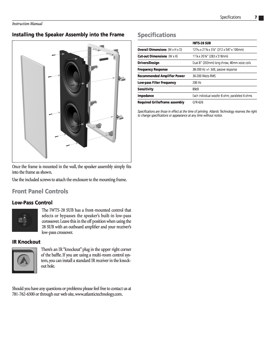 Atlantic Technology IWTS-28 SUB Specifications, Front Panel Controls, Installing the Speaker Assembly into the Frame 