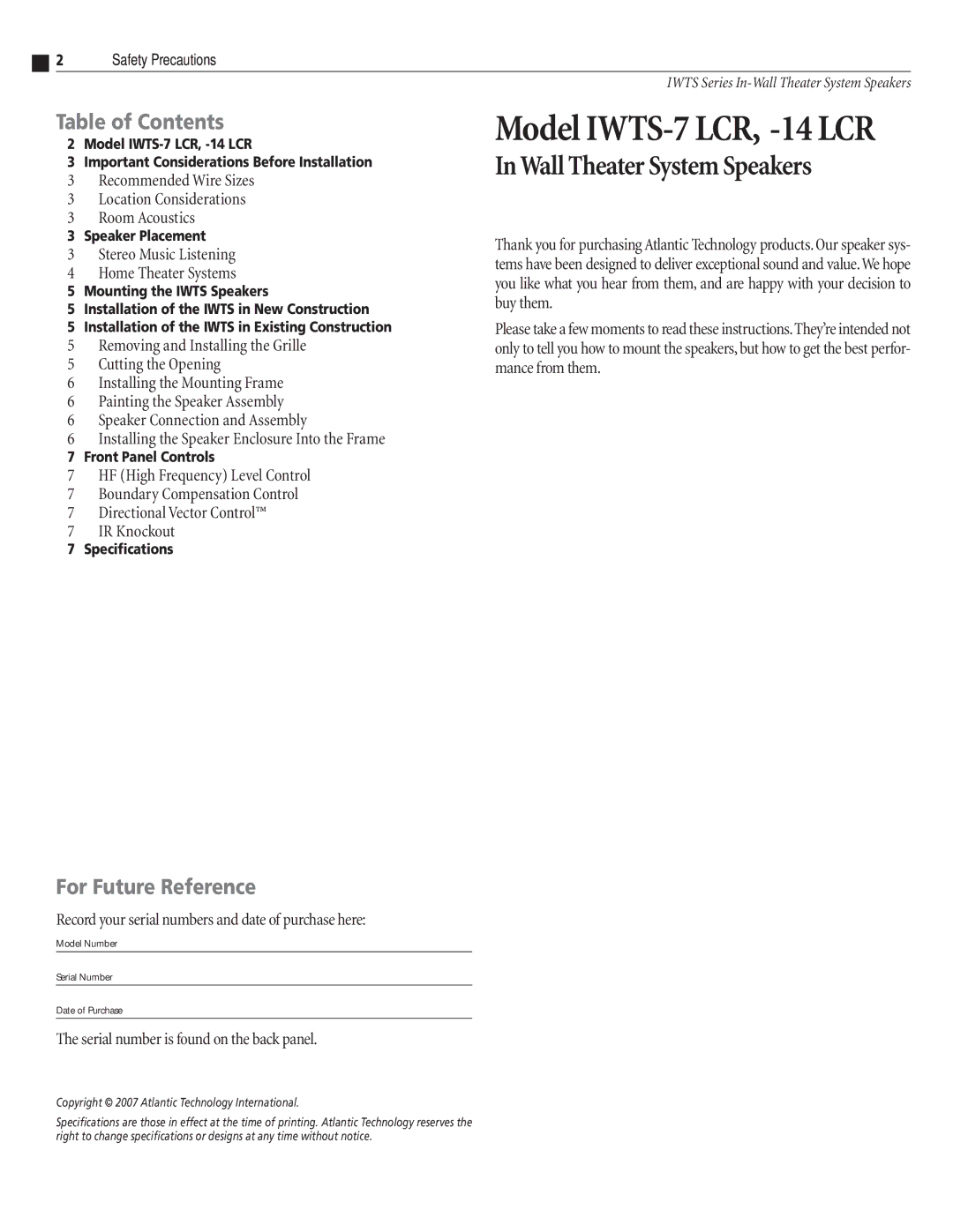 Atlantic Technology IWTS-7 LCR, IWTS-14 LCR instruction manual Table of Contents, For Future Reference 