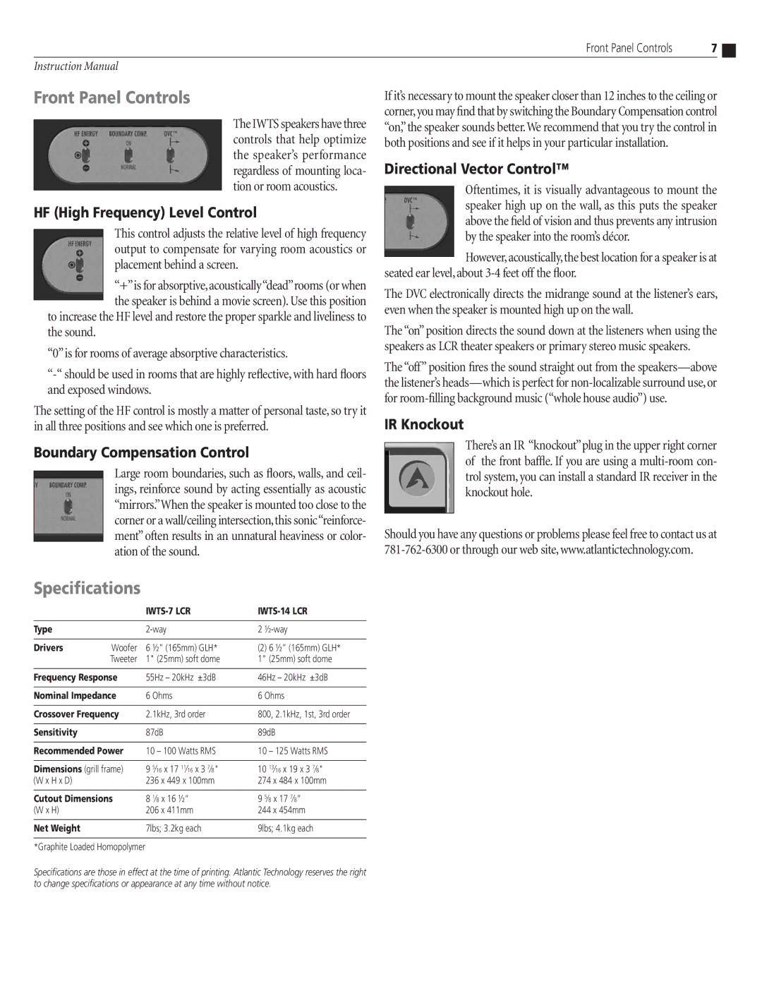 Atlantic Technology IWTS-14 LCR, IWTS-7 LCR instruction manual Front Panel Controls, Specifications 