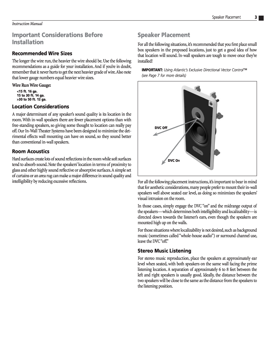 Atlantic Technology IWTS-14 LCR Important Considerations Before Installation, Speaker Placement, Recommended Wire Sizes 