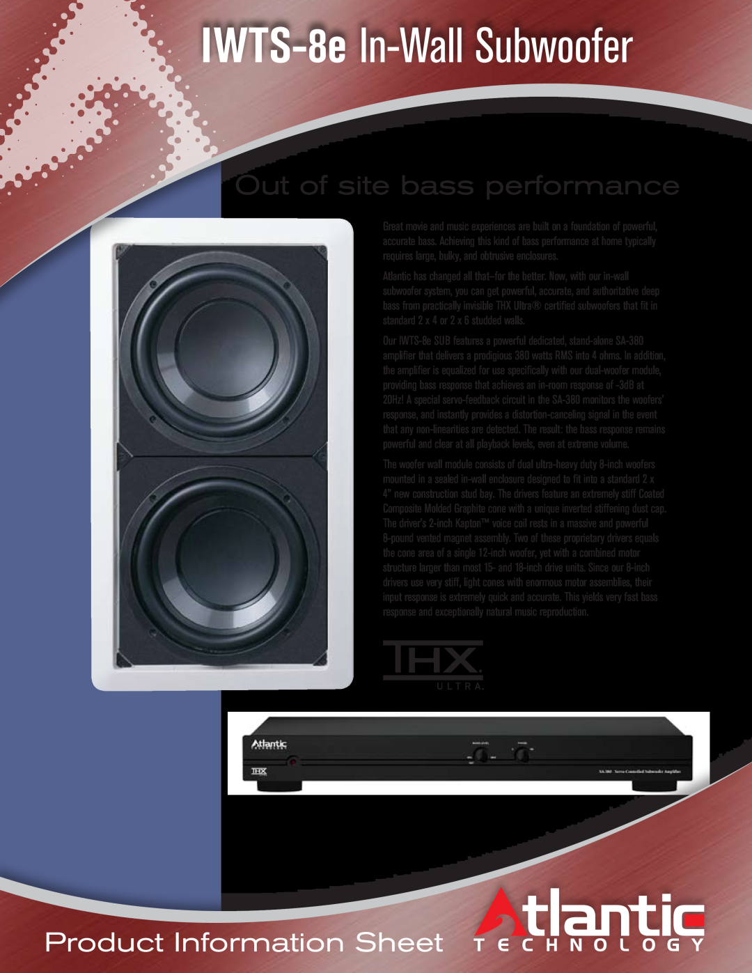 Atlantic Technology manual IWTS-8e In-WallSubwoofer, Out of site bass performance, Product Information Sheet 