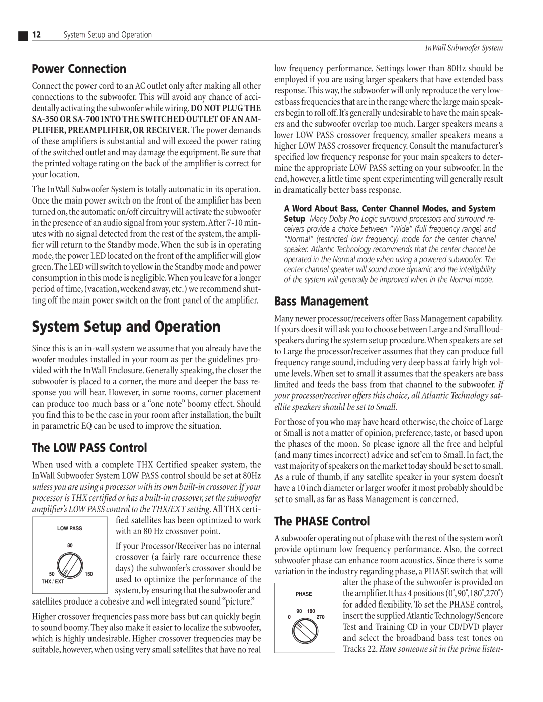 Atlantic Technology SA-350 Mono System Setup and Operation, Power Connection, LOW Pass Control, Bass Management 