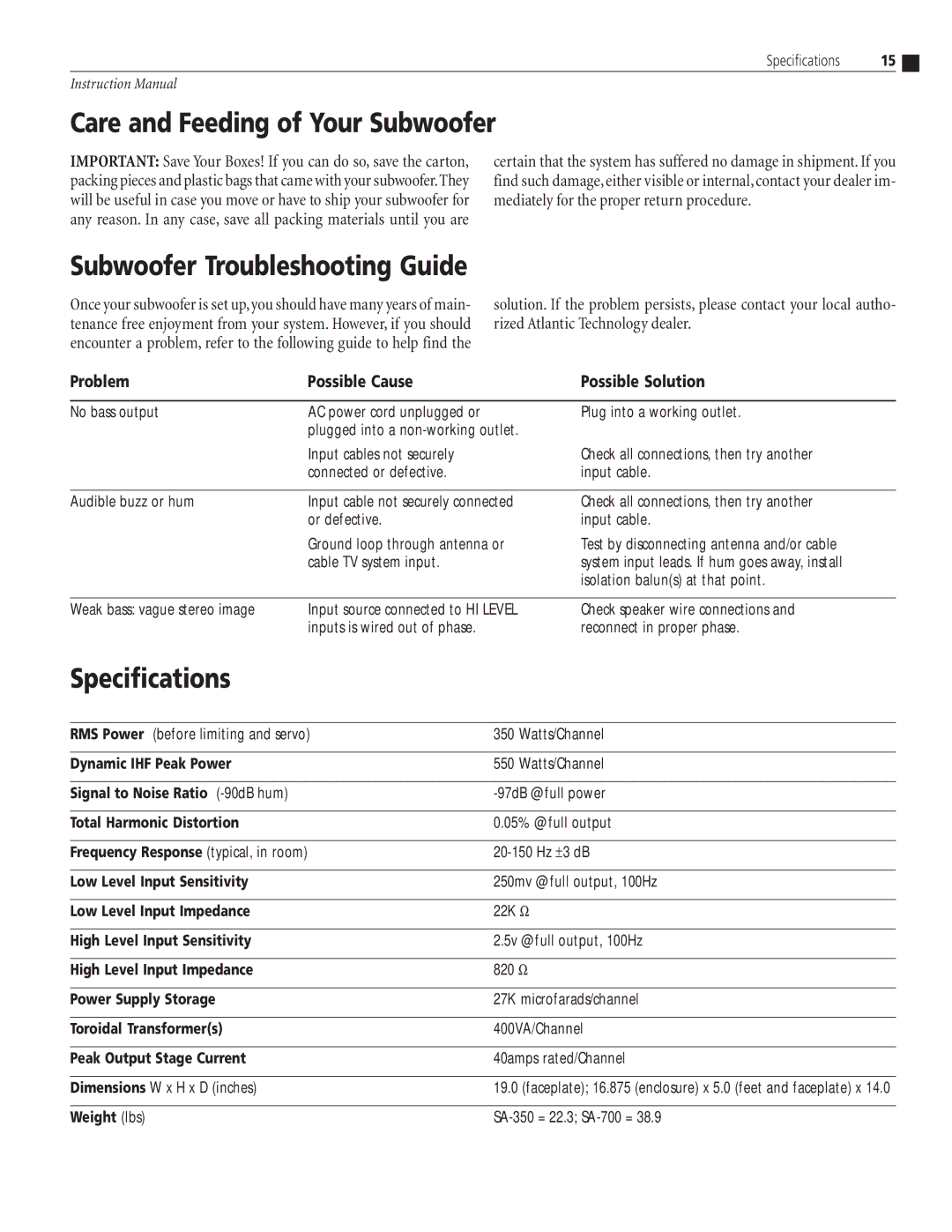 Atlantic Technology SA-350, SA-700, SA-350 Mono instruction manual Care and Feeding of Your Subwoofer, Specifications 