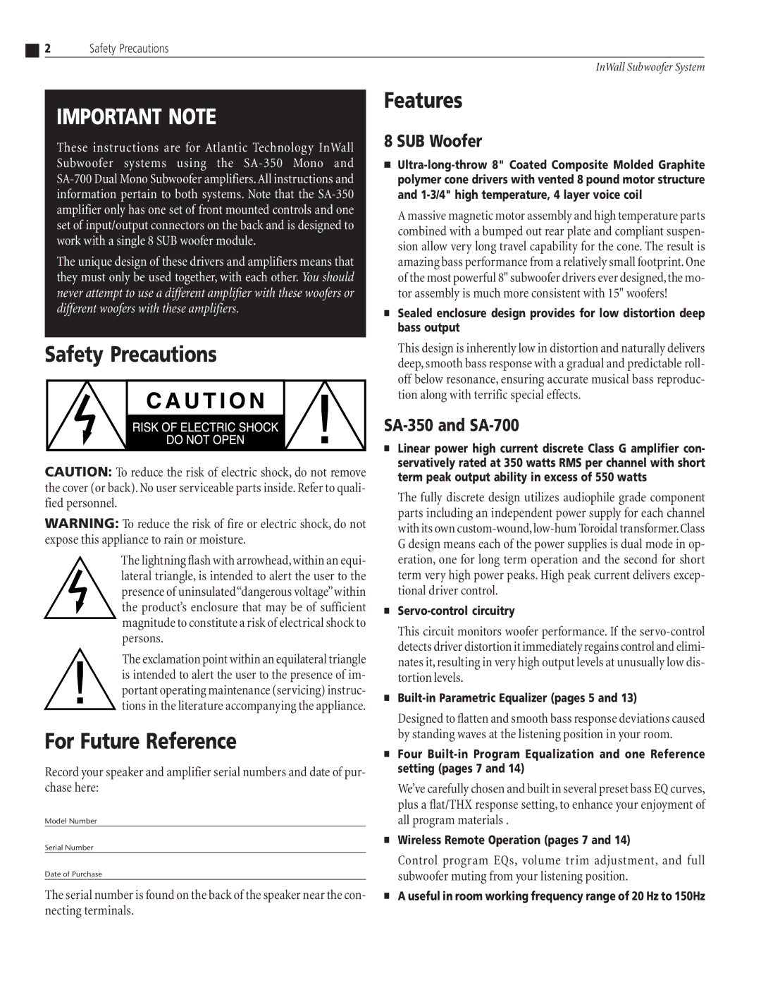 Atlantic Technology SA-350 Mono Features, Safety Precautions, For Future Reference, SUB Woofer, SA-350 and SA-700 