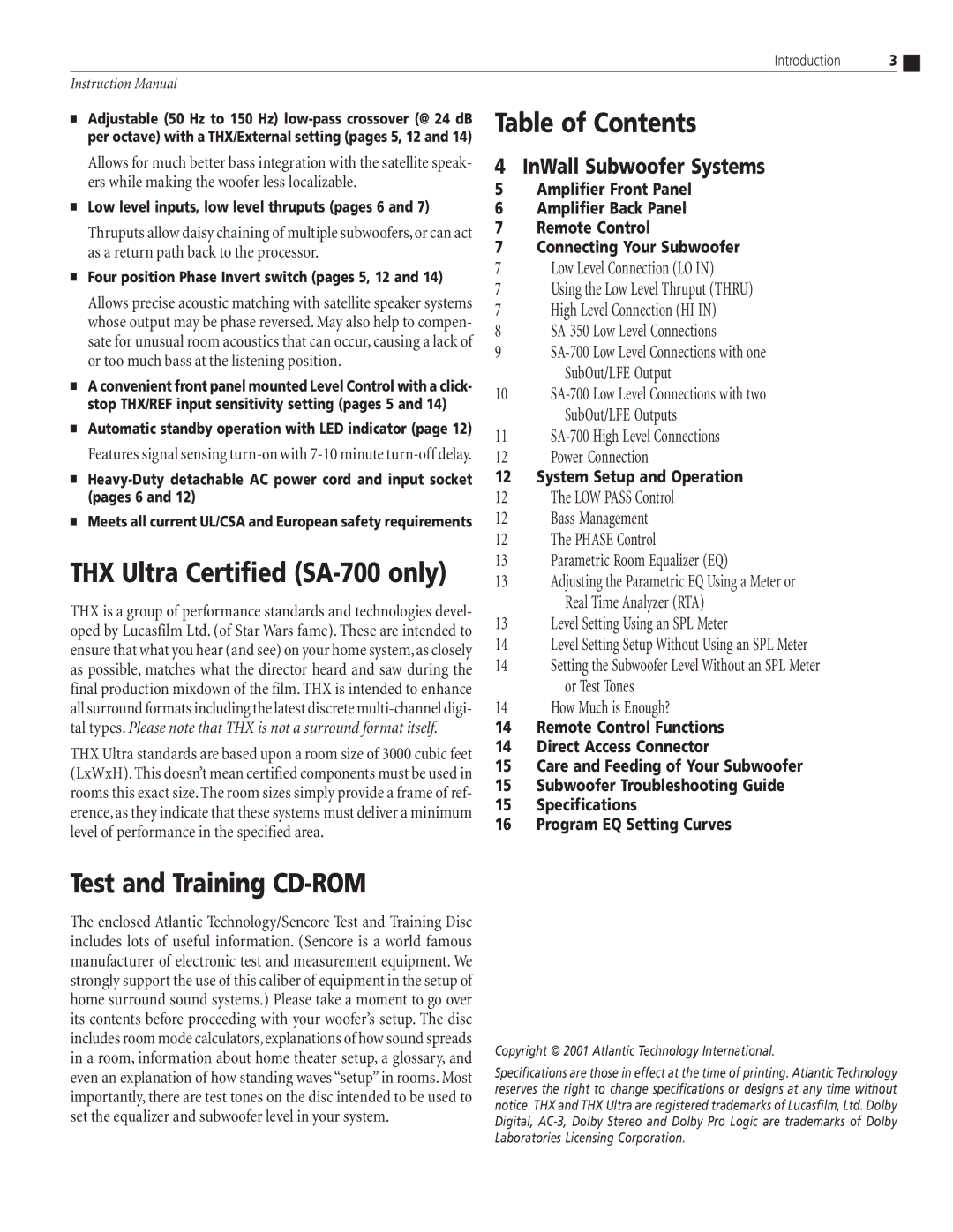 Atlantic Technology SA-350, SA-700, SA-350 Mono instruction manual Table of Contents, Test and Training CD-ROM 